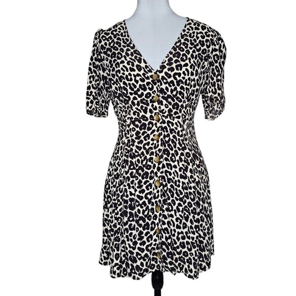 Something Navy S Leopard Print Mini Dress Short Puff Sleeve Button Animal Swing - Picture 2 of 7